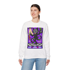 Crewneck Sweatshirt — 'Live • Love • Art' Colorful Street Art Cat Design