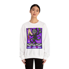 Crewneck Sweatshirt — 'Live • Love • Art' Colorful Street Art Cat Design