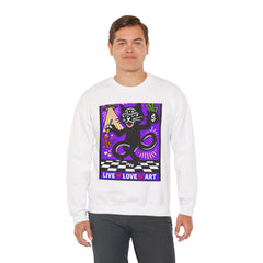 Crewneck Sweatshirt — 'Live • Love • Art' Colorful Street Art Cat Design