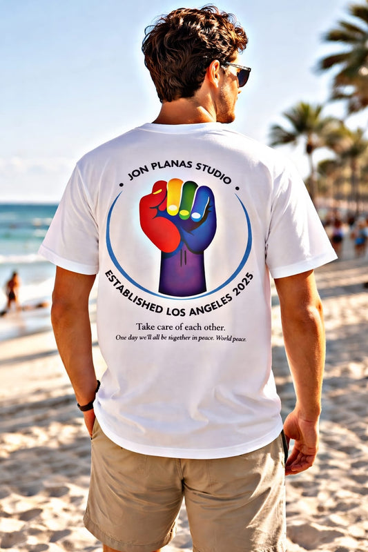 Rainbow Fist Graphic T-Shirt — "Take Care of Each Other" Statement Tee