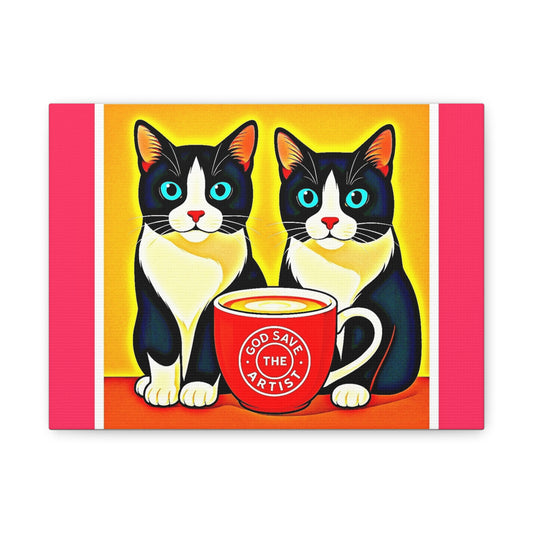 Cat Art Canvas Print — Tuxedo Kittens with Coffee Mug (Matte Stretched)