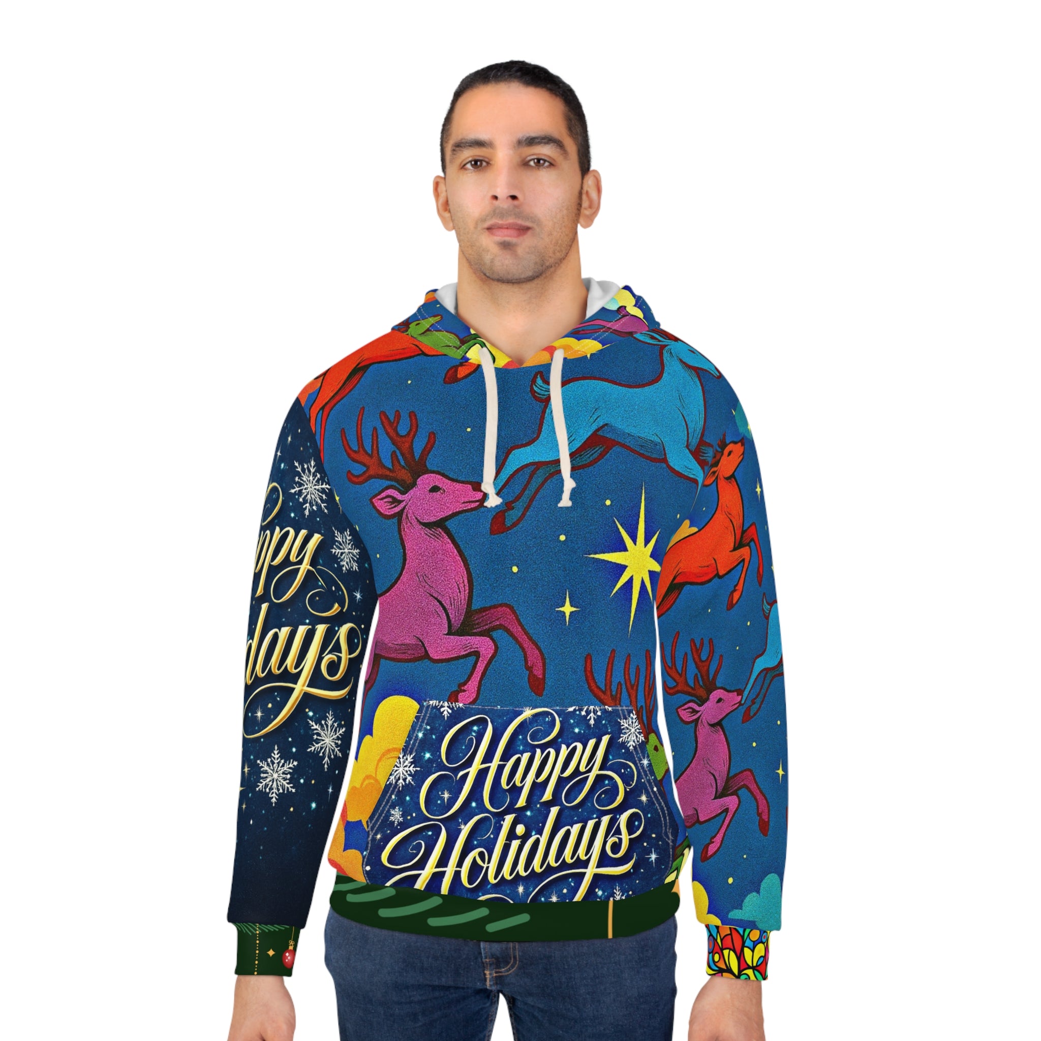 Reindeer Wonderland Hoodie Red, White, Blue Holiday Season Sweatshirt