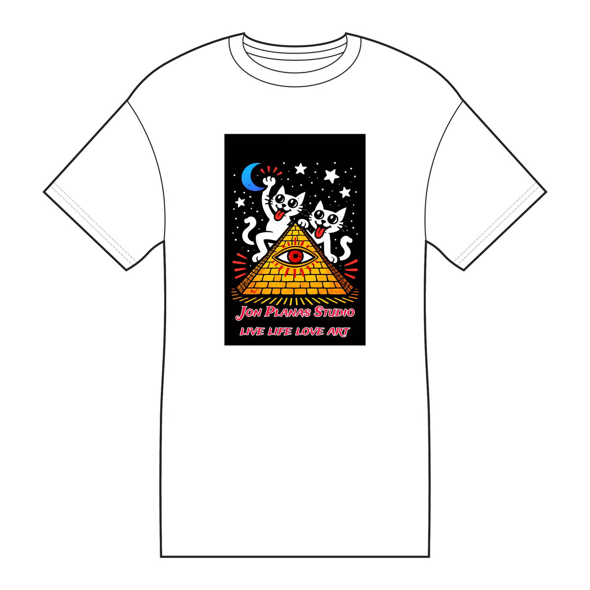 Psychedelic Cat Pyramid Tee — Jon Planas Studio "Live & Love Art" Graphic T-Shirt