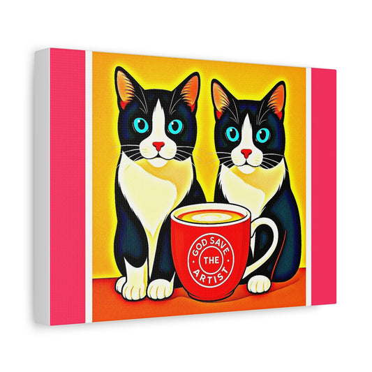 Cat Art Canvas Print — Tuxedo Kittens with Coffee Mug (Matte Stretched)