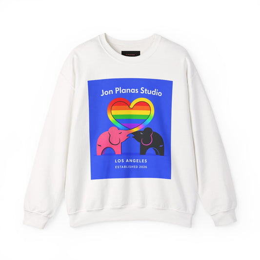Pride Heart Elephants Crewneck Sweatshirt — "Jon Planas Studio" Rainbow Design