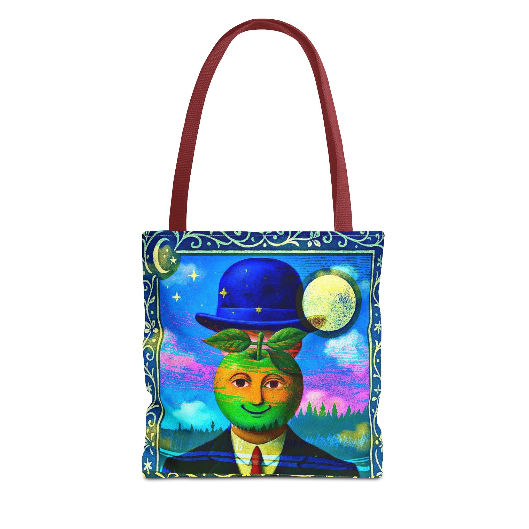 Surreal Apple-Head Tote Bag — Whimsical Vintage Moon Art Tote