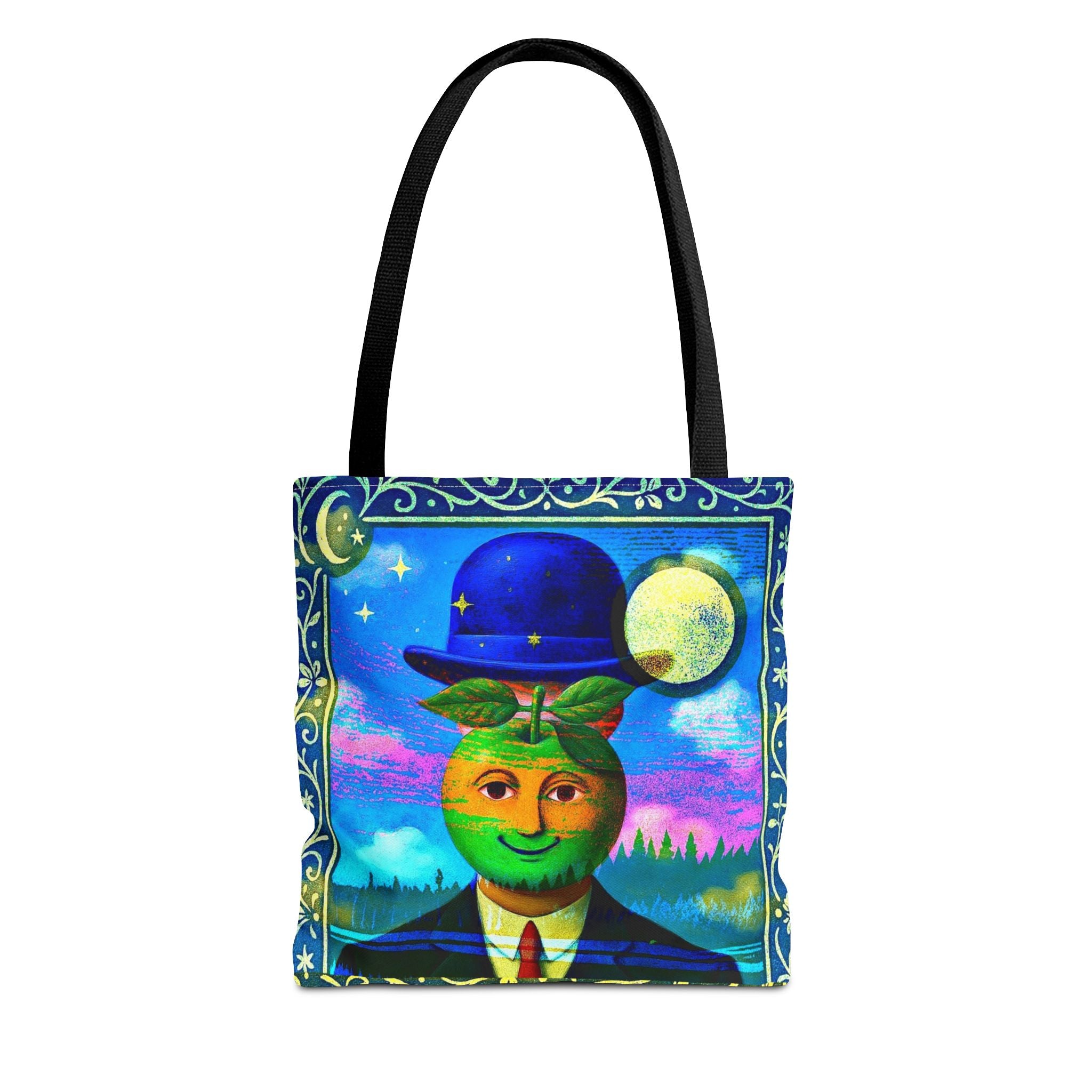 Surreal Apple-Head Tote Bag — Whimsical Vintage Moon Art Tote