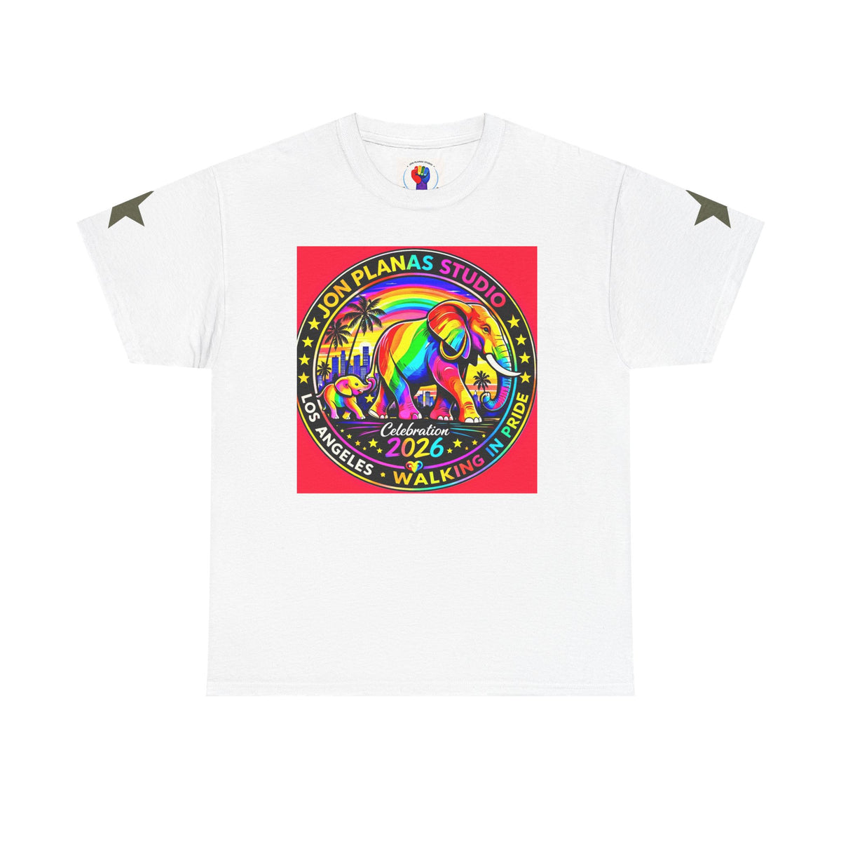 Pride Elephant Graphic Tee — "Born in Pride" Rainbow Los Angeles 2026 T-Shirt