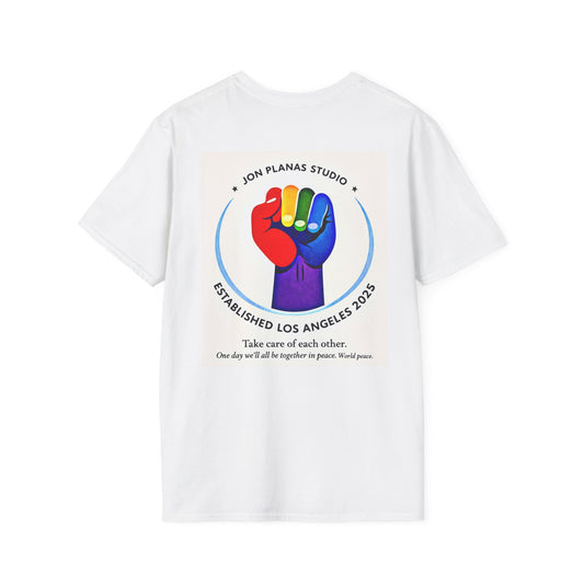 Pride Fist T-Shirt — Rainbow Solidarity Tee ("Take care of each other")