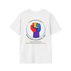 Pride Fist T-Shirt — Rainbow Solidarity Tee ("Take care of each other")