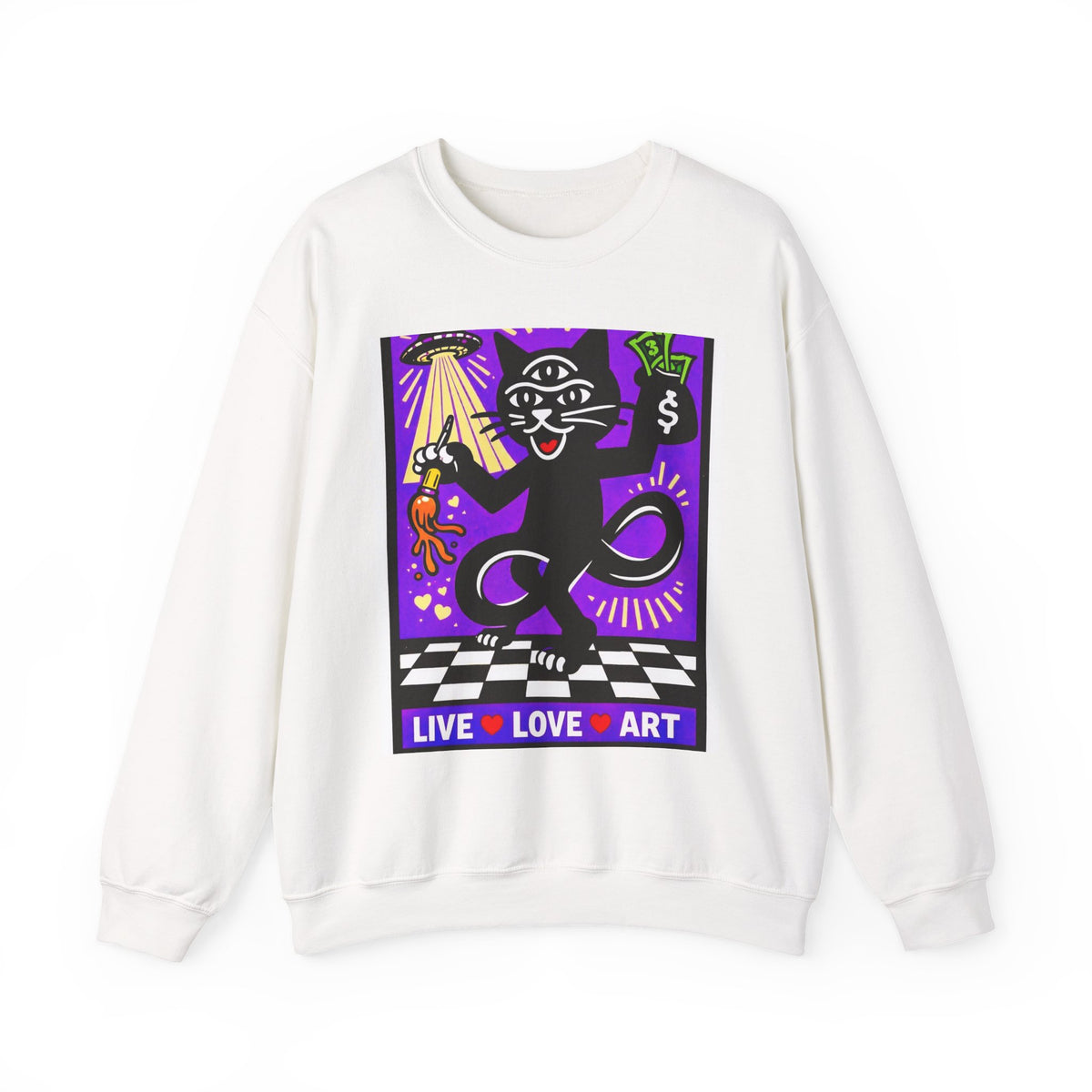 Crewneck Sweatshirt — 'Live • Love • Art' Colorful Street Art Cat Design