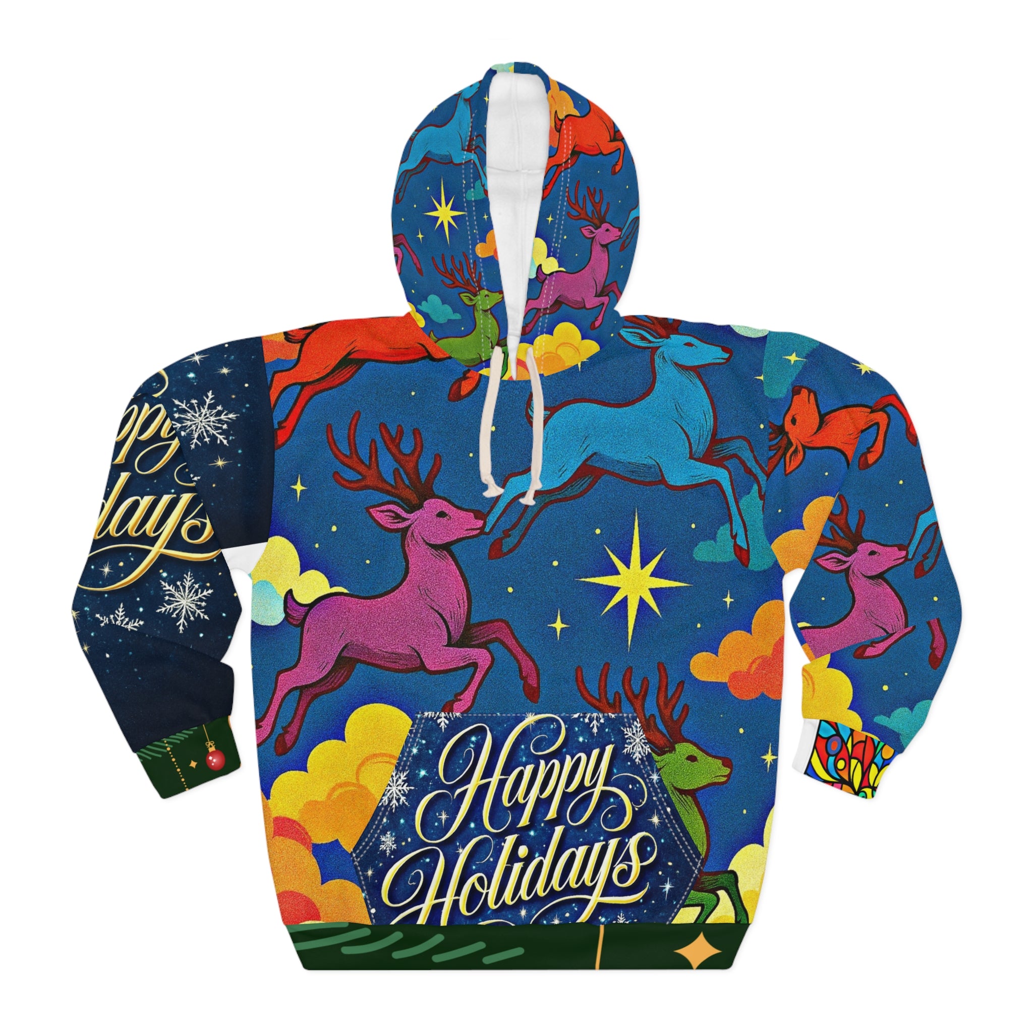Reindeer Wonderland Hoodie Red, White, Blue Holiday Season Sweatshirt