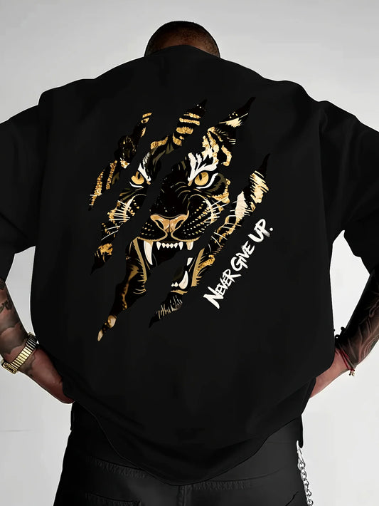 Tiger Claw Mark Never Give Up Print on Premium Soft 100% Cotton Mens T Shirt Perfect for Summer Streetwear and Bold Style