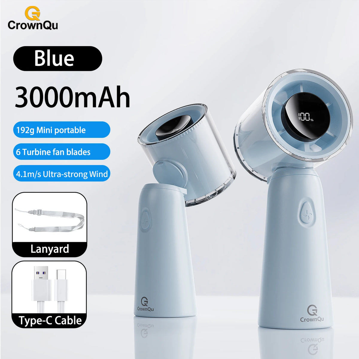 Handheld Turbo Fan 90° Adjustable with Digital Display 100-level Free Control High Speed Outdoor Fan Rechargeable 3000mAh