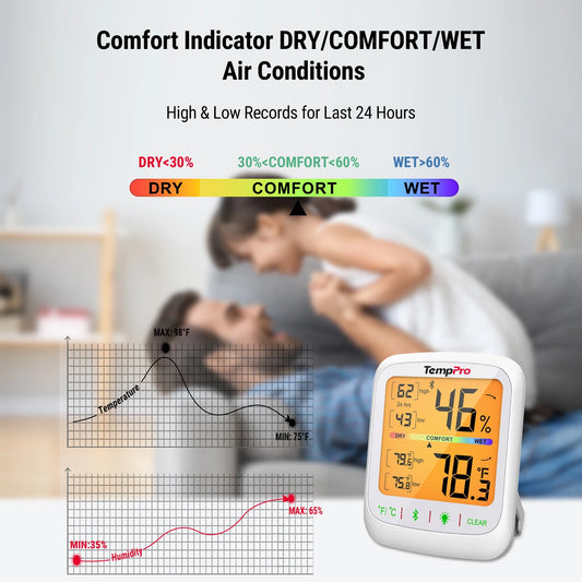 TempPro TP359 80M Bluetooth Wireless Room Digital Thermometer Hygrometer Indoor Thermometer Temperature and Humidity Monitor