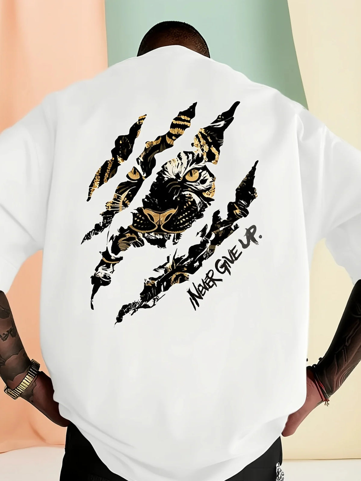 Tiger Claw Mark Never Give Up Print on Premium Soft 100% Cotton Mens T Shirt Perfect for Summer Streetwear and Bold Style